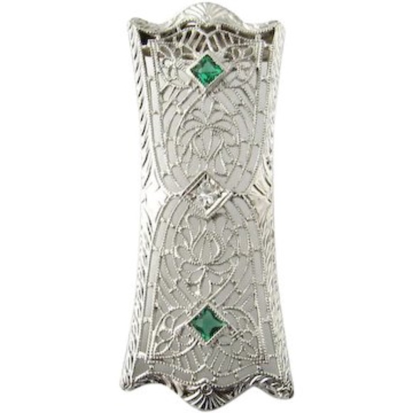 Vintage 14 Karat White Gold Diamond and Emerald Pendant #1902 - Picture 1 of 6